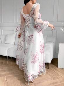 Feyla Women Floral Print Semi-Sheer Long Sleeve Dress,Bohemian Clothes - Red - View 2