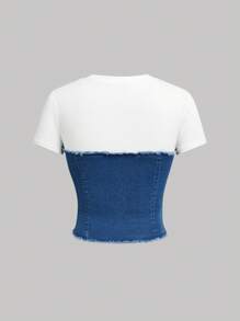 SHEIN MOD Women's Casual Denim Patchwork Short Sleeve Tight Fit Top - Medium Wash - View 2