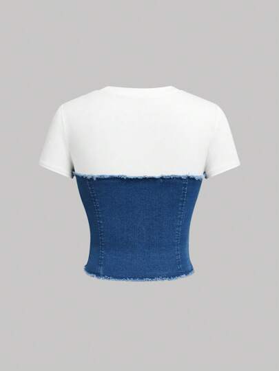 SHEIN MOD 女式休闲牛仔拼布短袖紧身上衣