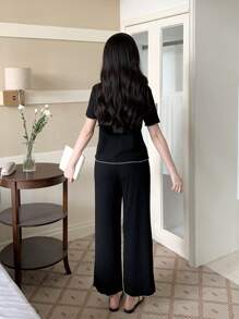 SHEIN Tween Girls 2pcs Set Casual Ribbon Bow Decor Short Sleeve Top And Ribbed Long Pants Pajama Set