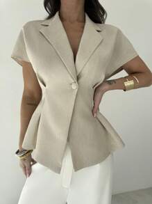 Firerie Veste de blazer en lin à taille cintrée à manches courtes, style décontracté/bureau, en abricot, pour l'été, pour femmes