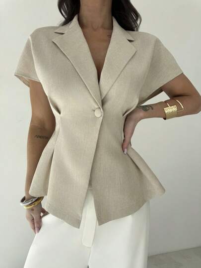 Firerie Women's Casual/Office Fashion New Linen Cinched Waist Short Sleeve Linen Blazer In Apricot, Summer Office Outfits For Women,Graduation,Teacher Outfits For Women,Back To School In Fall/Winter