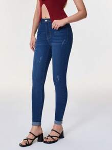 SHEIN BAE 女士休闲牛仔裤，刺绣十二生肖图案，温柔真挚的螃蟹图案，治愈系 - 藍色 - 查看 4