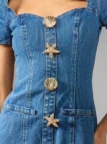 MISSGUIDED 迷你牛仔连衣裙夏季海滩贝壳海星纽扣甜心领口短袖紧身海洋主题派对度假 - 藍色 - 查看 5