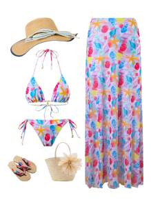 Swim Oasis Women 3pcs Starfish Print Strappy Bikini Set With Cover Up Skirt, Bikini Set Suit For Summer Beach Vacation Pool Party, 25SS