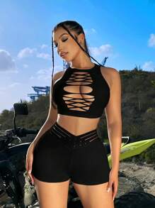 SHEIN SXY Summer Low-Rise Women's Sexy Mesh Splice Leggings - Black - View 3