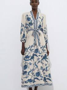 Aveloria Modichic Women's Loose V-Neck Puff Sleeve Floral Print Maxi Dress, Waist Cinched With Colorblock Floral Prints, Casual Holiday Style - Multicolor - View 3