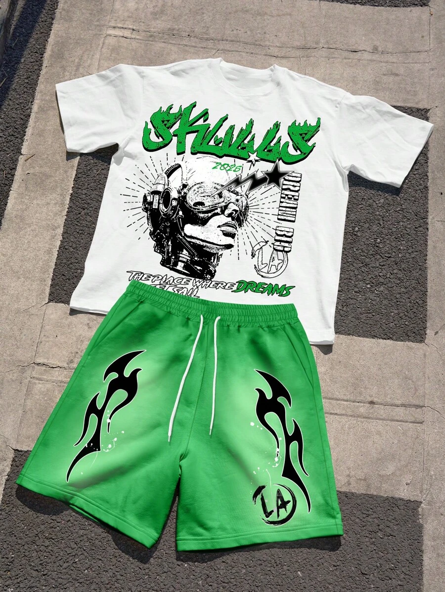 Manfinity EMRG 2pcs Men's Letter & Figure Print Round Neck Short Sleeve Casual T-Shirt And Drawstring Waist Shorts Set Men Streetwear - Multicolor - View 1