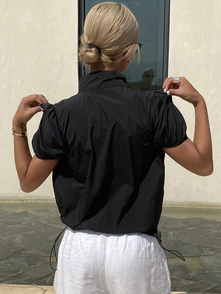 Women Solid Fitted Short Sleeve High Neck Zip Up Ruched Casual Holiday Summer Shirt