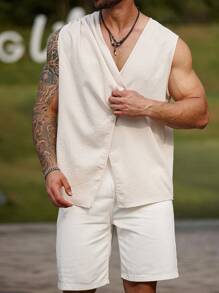 Manfinity RSRT 加大码男士纯色单排扣褶裥休闲上衣，夏季 - 杏色 - 查看 6