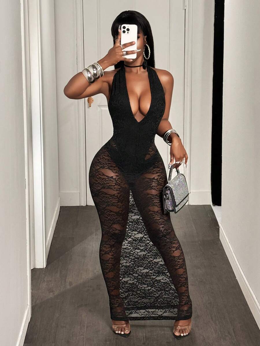 BamGleam Christmas Rave Party Deep V Neck Solid Color Waisted Sleeveless Lace Patchwork Sexy Dress - Black - View 1