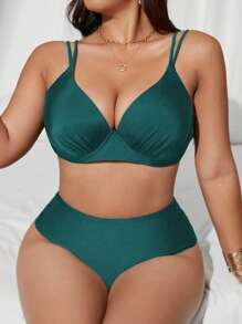SHEIN Swim Curve 2 pezzi Costume da bagno tankini da donna taglia curvy, con coppa a triangolo imbottita e sollevante, vita alta, spalline regolabili, elegante e alla moda, stile sexy da spiaggia e vacanza
