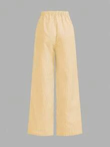 SHEIN LUNE Bộ 3 áo sơ mi hở trước màu xanh và trắng cho nữ, quần dài kẻ sọc và áo hai dây màu trắng, mùa xuân và mùa hè - Màu vàng - Xem 8