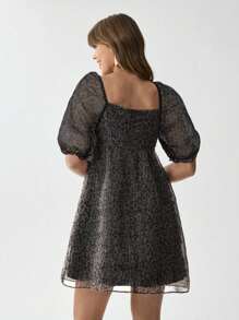 Wildy Vestido corto romántico de malla transparente con mangas abullonadas, estampado de leopardo, estilo casual, americano, occidental, para resort de verano