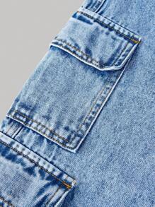 SHEIN Girlism Jeans de estilo utilitario con múltiples bolsillos en azul lavado para adolescentes chicas - Azul lavado medio - Ver 4