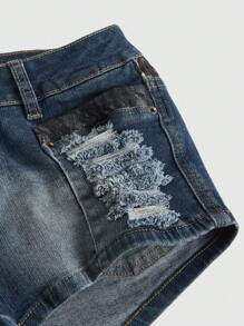 ROMWE J-Fashion Shorts mini in vita bassa, invecchiati e consumati, con inserti in pizzo nero lavato in stile vintage