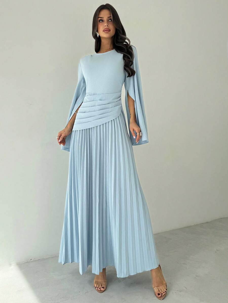 Firerie 优雅精致浪漫时尚端庄褶皱高腰超长袖蓝色A字裙女装