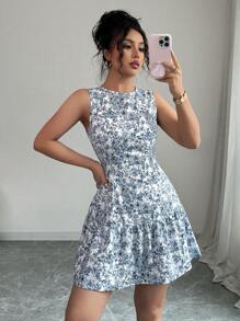 Elenzga Boho Elegant Flower Print Sleeveless Cinched Waist Mini Dress For Women, French Style Woven Graduation Summer Outfit, Spring/Summer