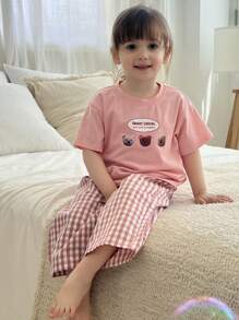 Hapijoa Conjunto de ropa informal para niñas bebé con camiseta de manga corta con estampado de dibujos animados de cuello redondo y pantalones a cuadros - Rosa Pálido - Ver 4