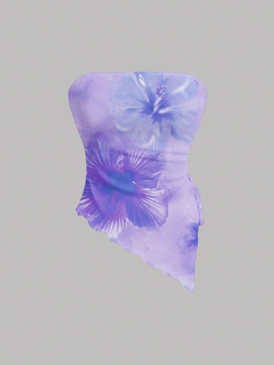 SHEIN MOD 夏季女士休闲简约紫色花卉印花不对称下摆抹胸 - 彩色 - 查看 1