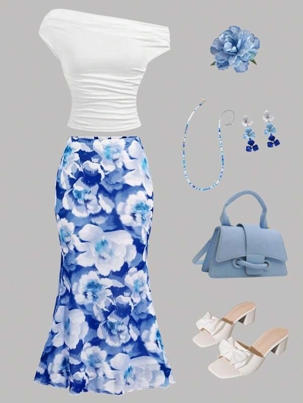 Girlism 2 Stücke Set für Teenager-Mädchen, blau-weißes Strick-T-Shirt mit asymmetrischem Halsausschnitt und lässiger Rock aus blauem Stricknetz mit Blumenmuster, geeignet für Urlaub, Festival, Abschlussfeier, Party, Mittagessen