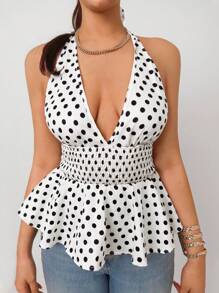 Sirith 2025 Summer New Women's Sexy Tie-Front Polka Dot Blouse With Shirred Back, Perfect For Beach Vacation, Casual Wear, And Parties - Apricot - View 4
