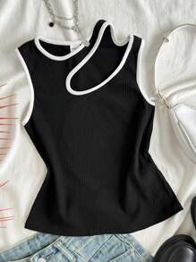 青少年女孩不对称黑白拼色休闲时尚百搭背心，适合任何场合