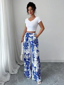 Elenzga Calça Reta Larga Casual Solta e Elegante Feminina, Cintura Elástica com Estampa Multicolorida, Verão - Multicolorido - Visão 4