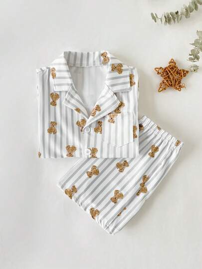 2pcs Baby Boy Grey Casual Striped Bear Print Short Sleeve Cardigan And Shorts Homewear Set Baby Clothes Set Baby Clothes Boy Set Baby Clothes Sets