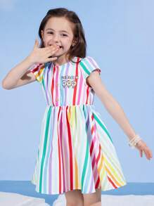 SEALOOK X SHEIN Vestido de manga curta para meninas com estampa de foca e sorvete, estampa colorida de dopamina e férias de verão - Multicolorido - Ver 6