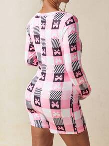 SHEIN Pregnant Women's V-Neck Bow Print Long Sleeve One-Piece Jumpsuit With Buttons - Multicolor - View 2