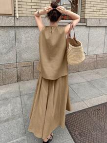 FRIFUL 2pcs Women Holiday Set: Sleeveless Split Hem Top And High Waist Skirt, Retro Style Linen - Khaki - View 5