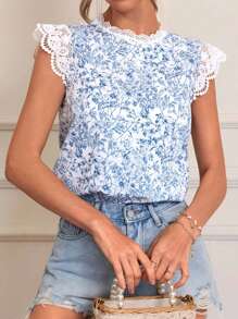 SHEIN VCAY Plus Size Women's Holiday Floral Print Contrast Lace Cap Sleeve Blouse Lace Top Cute Summer Tops