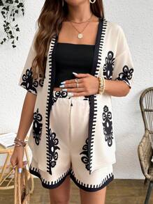 SHEIN Maternity Floral Print Drop Shoulder Kimono Robe And Adjustable Waist Loose Shorts Set, Vacation Outfit - Apricot - View 4