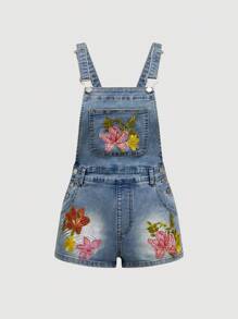 ROMWE Avant Women's Hawaiian Beach Vacation Style Hibiscus Embroidery & Rhinestone Denim Romper