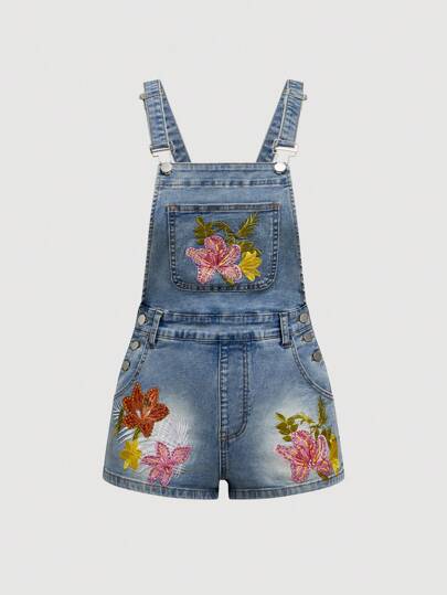 ROMWE Avant Women's Hawaiian Beach Vacation Style Hibiscus Embroidery & Rhinestone Denim Romper