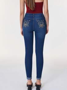 SHEIN BAE 女士休闲牛仔裤，刺绣十二生肖图案，温柔真挚的螃蟹图案，治愈系 - 藍色 - 查看 2