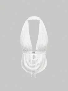 ROMWE Fairycore Spring/Summer Women's Retro Y2K Subculture Sexy Draped Neck Textured Fabric Backless Camisole - White - View 2