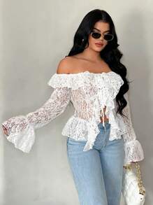 SHEIN SXY Áo cánh ren trắng trong suốt hở vai hở phía trước cho kỳ nghỉ hè của phụ nữ - trắng - Xem 3