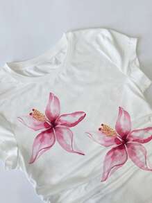 INAWLY Women Round Neck Floral Print Ruched Waist T-Shirt, Fashionable & Versatile, Summer - Multicolor - View 4