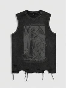ROMWE MEN Grunge Punk Men Vintage Washed Religious Casual Tank Top - Black - View 4