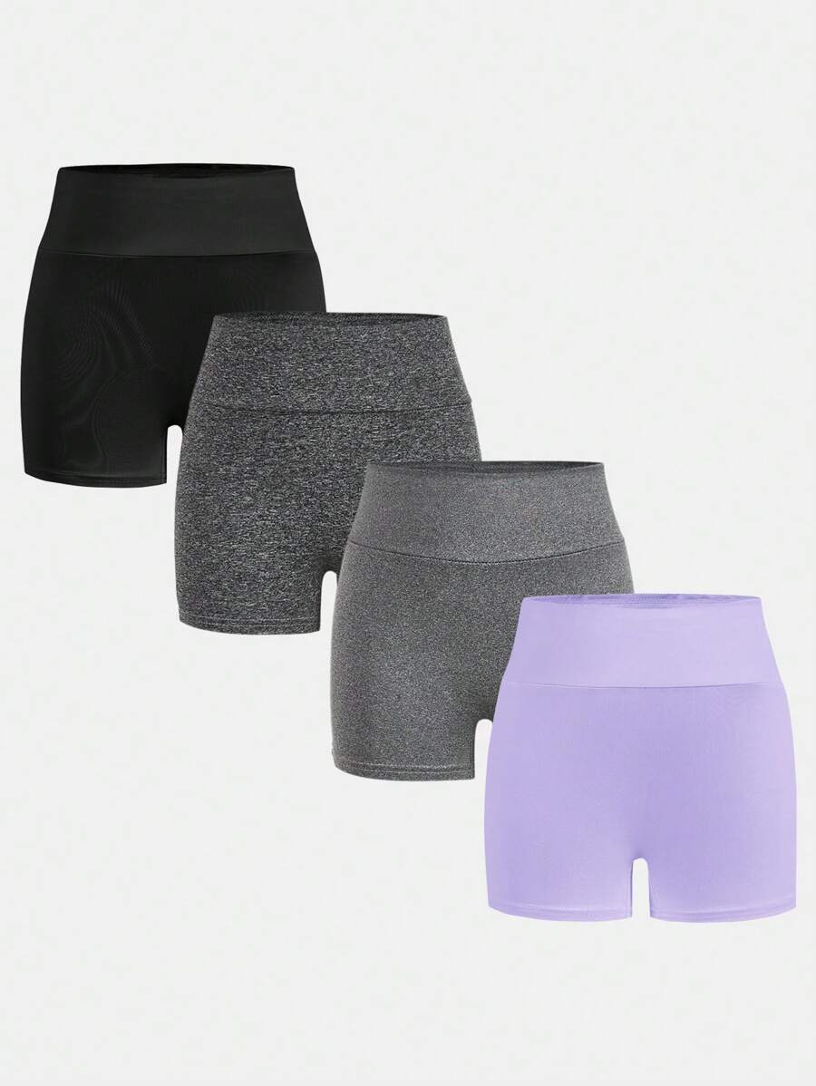 SHEIN Girlism 4 件套 Tween 女童经典纯色高腰针织运动瑜伽短裤，适合春夏季日常休闲穿着 - 紫羅蘭色 - 查看 1