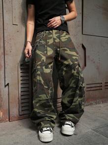 Manfinity EMRG Men's Casual Camo Print Cargo Denim Jeans Cargo Wide Leg Pants Men Baggy Camo Wide Leg Pants Baggy Going Out Urban Hang Out Street Vacation - Army Green - View 4