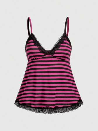 Kawaii Punk Style Sexy Y2K V-Neck Colorblock Striped Spaghetti Strap Lace T-Shirt, Summer Camisole