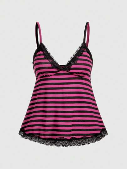 Kawaii Camicia a V in stile punk sexy Y2K a blocchi di colore a righe con spalline a spaghetti e pizzo, canotta estiva