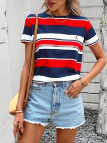 EMERY ROSE Camiseta holgada casual de mujer de talla grande con cuello redondo y manga corta, a rayas en rojo, azul y blanco, estilo de vacaciones para el Día de la Madre