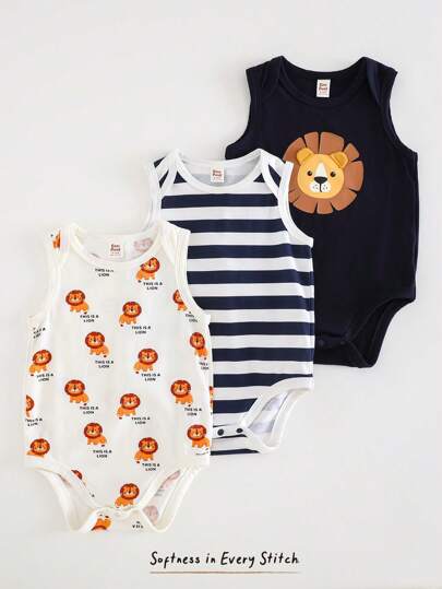 Cozy Pixies 3-Piece Baby Boy Cartoon Animal Knitted Soft Crew Neck Sleeveless Bodysuit Set Print