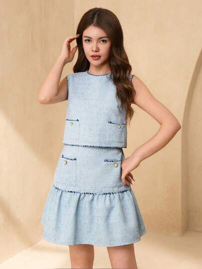 SHEIN Teen Girls Elegant Fashion Round Neck Sleeveless Short Fabric Top And High Waist A-Line Short Pearl Button Skirt 2 Pieces Set