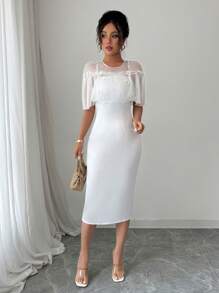 Elenzga 女式露肩蕾丝拼布修身中长连衣裙，高端优雅时尚，春夏