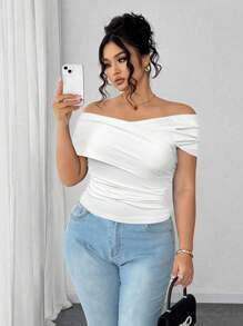 Elenzga Plus Size Women's Off Shoulder Criss-Cross Front Ruched Waist Slimming Dress, Suitable For Outing, Dates, Gatherings With Friends, Casual Occasions, Park Picnics, Commuting, Shopping, Etc. Comfortable Fabric, Stylish Design, Great Value